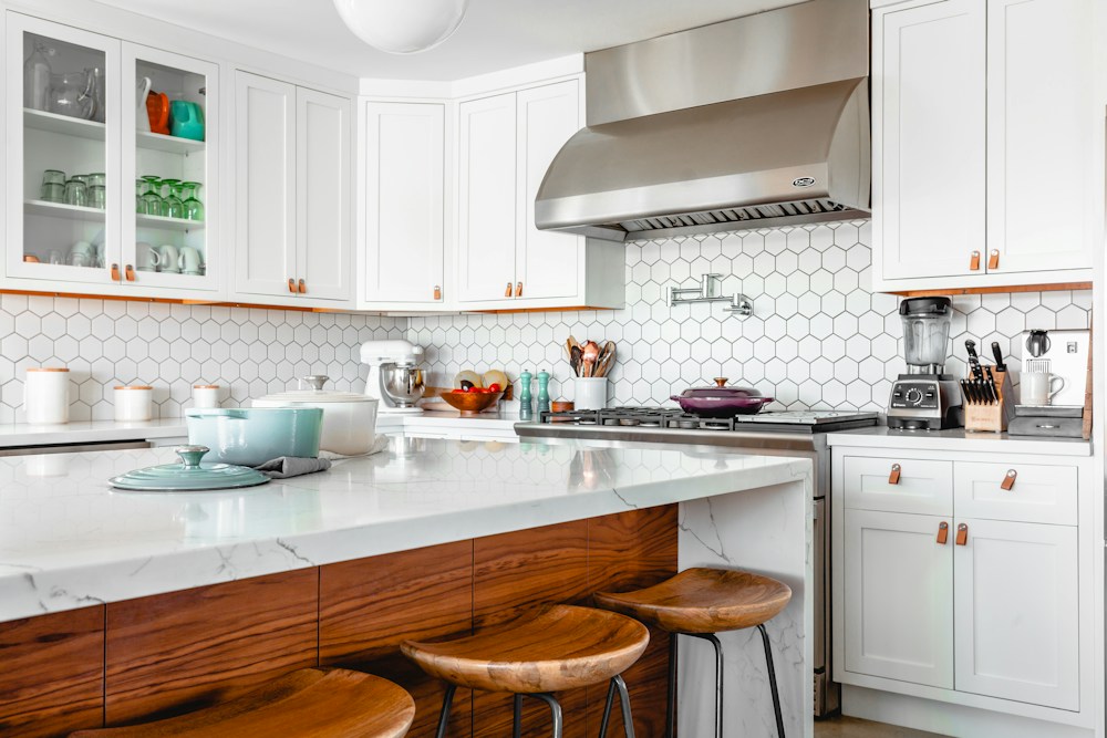 Sparkling modern kitchen with clean marble countertop and polished fixtures